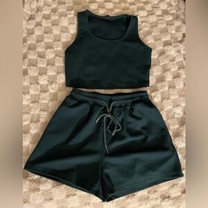 SHEIN Deep Green Ribbed Tank & Elastic Shorts Set